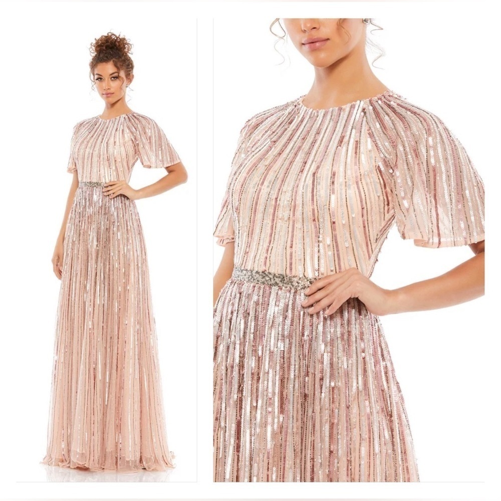 Mac Duggal 4913 NWT Short Sleeve Ombre Sequined Evening Gown